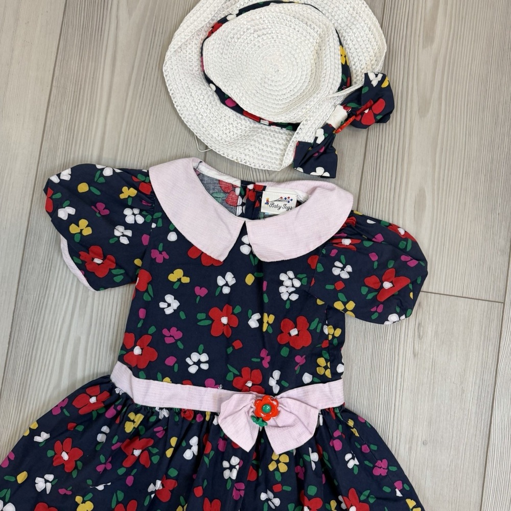 Vintage Baby Girl Baby Togs 3T Navy Floral Dress With Hat READ - Picture 3 of 11